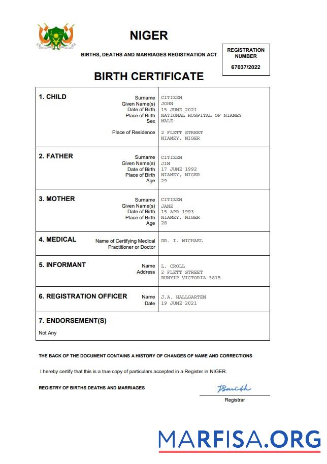 Downloadable Niger birth certificate Word and PDF template